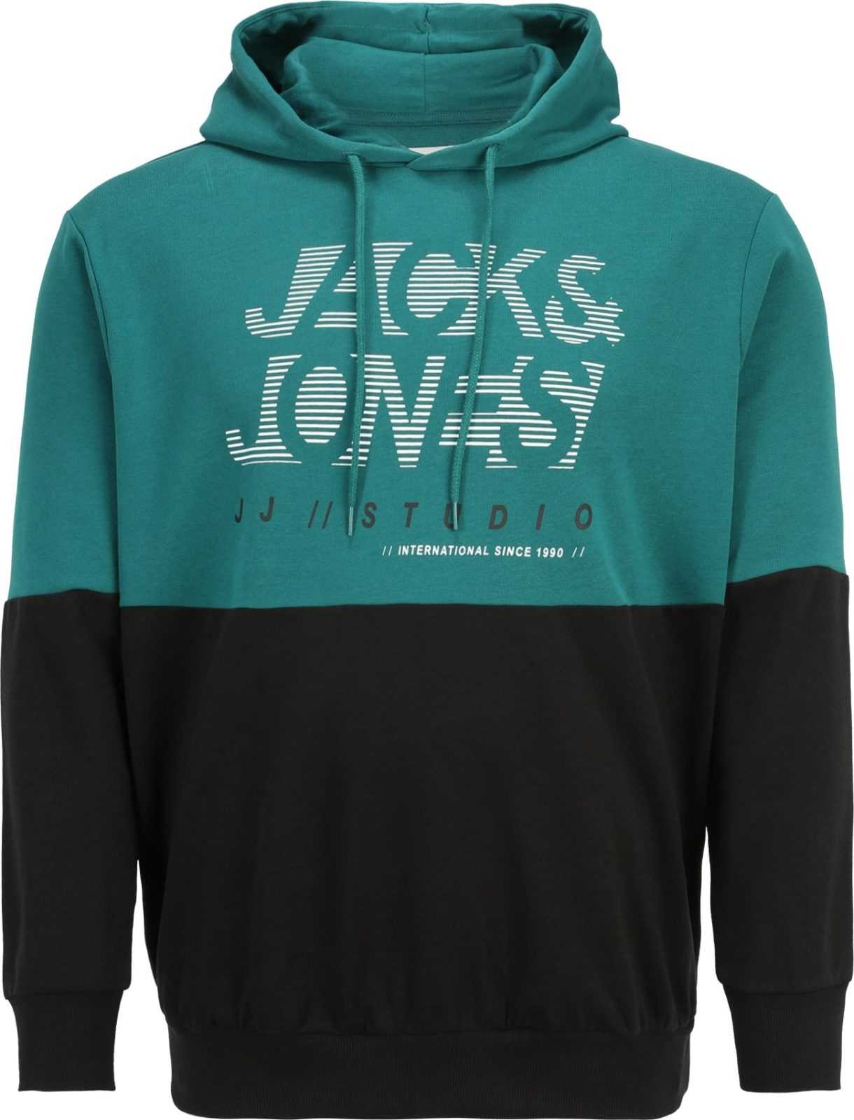 Jack & Jones Plus Mikina 'MARCO' smaragdová / černá / bílá